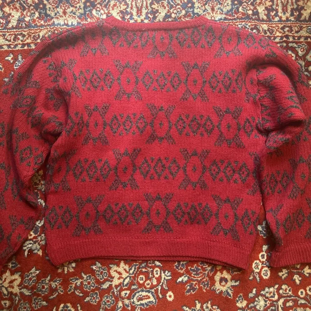 Vintage Letters Red Gray 100% Wool Crewneck Sweater Medium